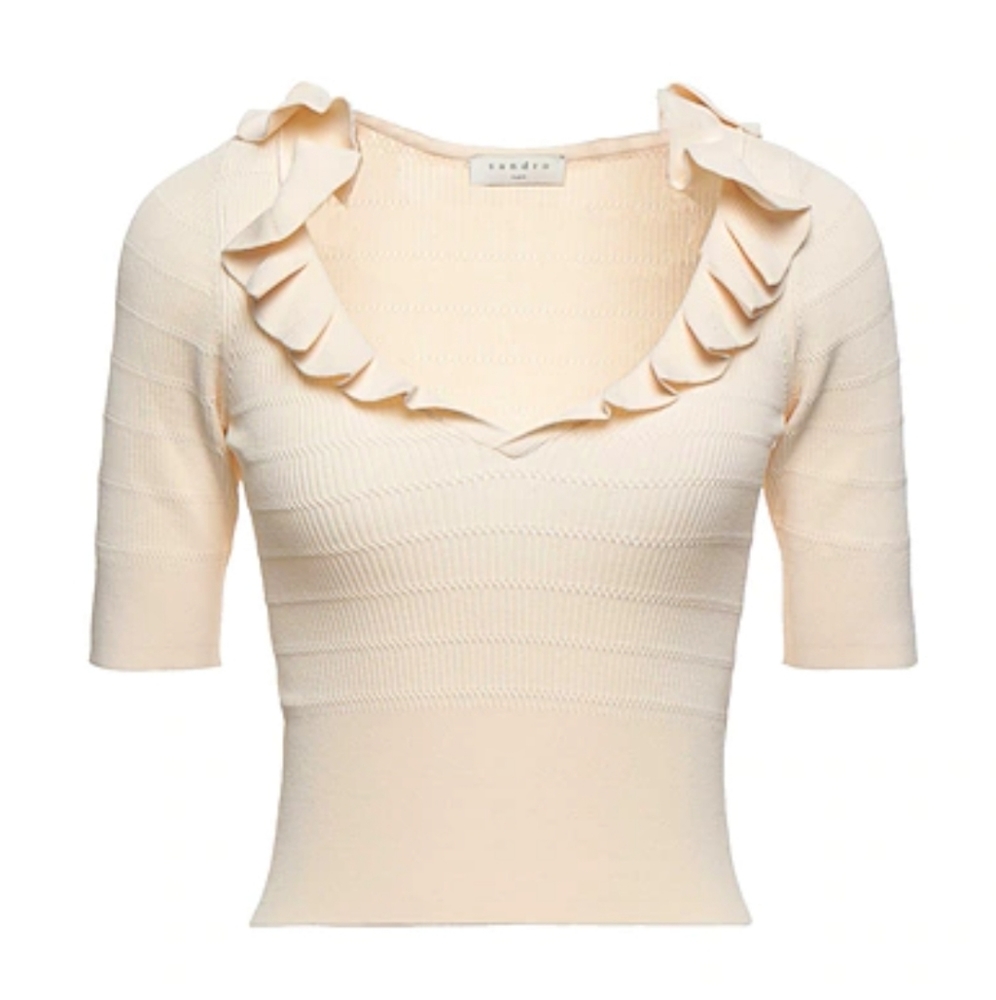 Sandro Paris Ruffle-trimmed ribbed-knit top
